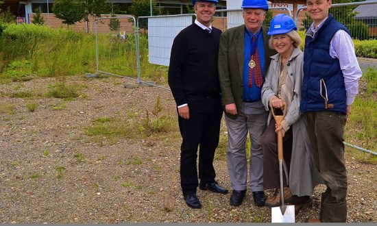 Getting to work – group operations manager Mark Wilson, mayor’s consort Cllr Nick Fogg, mayor Edwina Fogg and shops development manager Nick Fraser cut the first turf at the development site