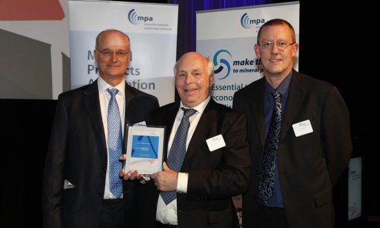 Alan Mackenzie, group director at Hills Quarry Products (centre) with Andrew Liddle, production manager (left) and John Warner, transport manager (right) at the MPA Awards ceremony at BAFTA, London