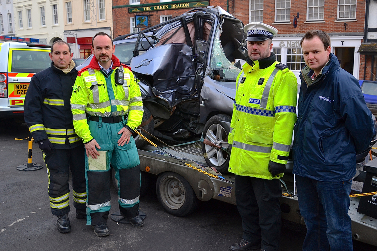 Chris Davies of Wiltshire Fire & Rescue, Dr Jonathan Glover of Swift Medics, Sgt Craig Hardy of the serious collision investigation team at Wiltshire Police, and Swift Medic Dr Dan Bawden at the Drink Drive roadshow in Marlborough High Street