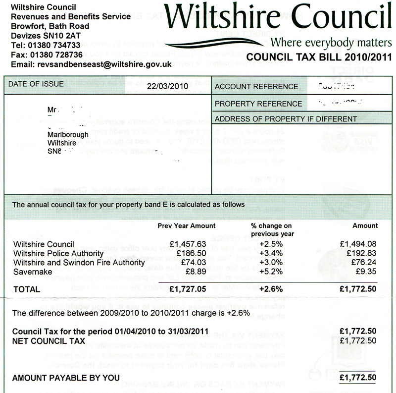 Example Band F Council Tax bill 2010-2011 showing increases