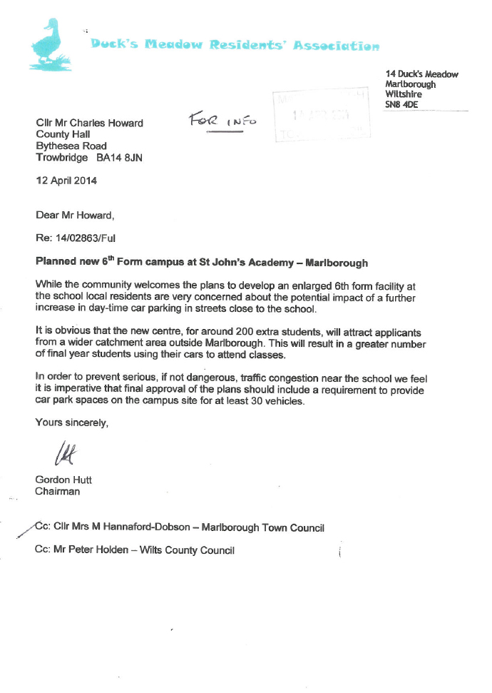 Gordon Hutt's letter to Wiltshire Council of 12th April