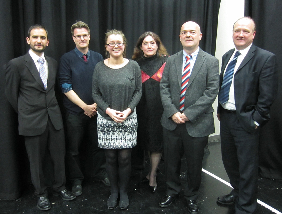 Question Time panel, left to right – Audaye Elesedy (Green Party), Chris Watts (Labour), panel chair Claire James, Fiona Hornby (Lib-Dem), David Pollitt (UKIP) and Philip Whitehead (Conservative)