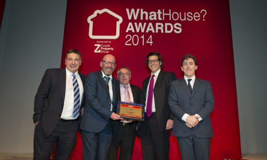 Paul Cooper of Linden Homes, Adrian Talbotfrom category sponsor Show House, Greg Locke and Tom Nicholson of Linden Homes, and guest speaker Rob Brydon. Photograph courtesy of Philippa Gedge Photography