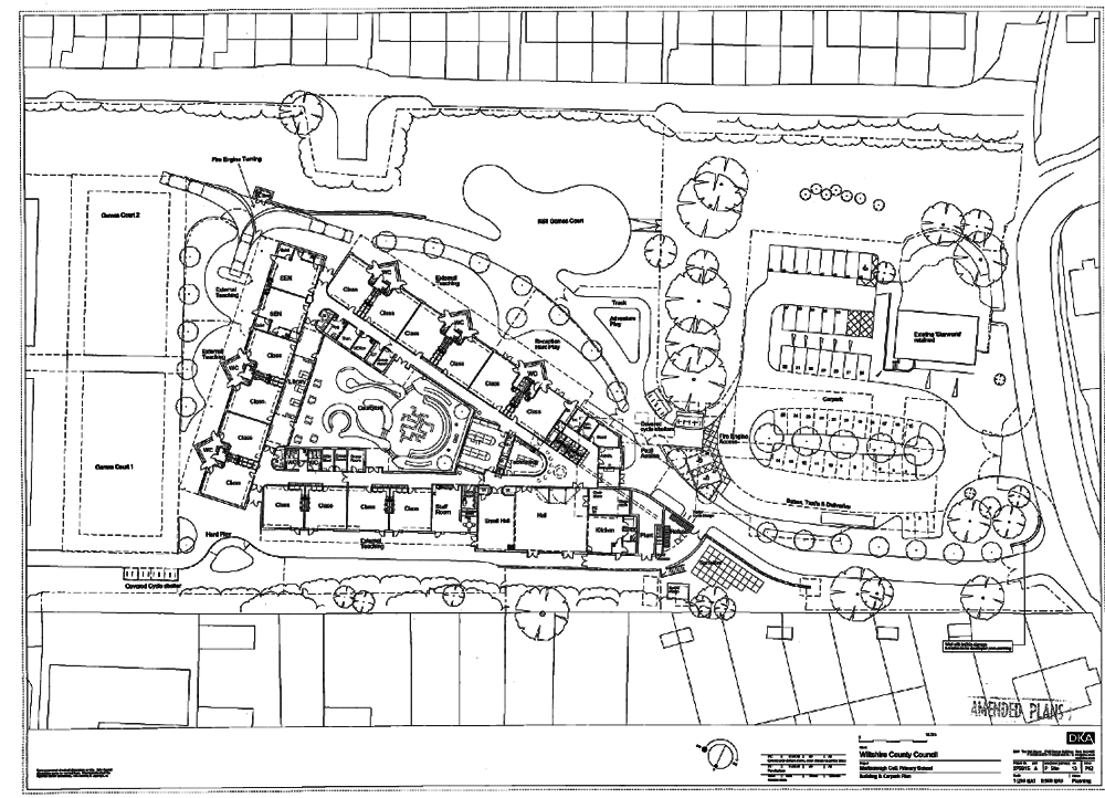 The 2010 plans: on the right the car park & entrance off Ducks Meadow. In the centre the new school with classrooms round an open courtyard.  On the left two 'games courts' - with two pitches further to the left and off this plan.
