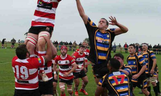 Club captain, Jamie Pittams, challenges for lineout ball