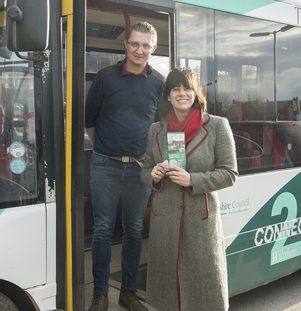 Connect2Wiltshire driver Simon with Claire Perry MP - and new timetable