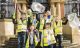 The Marlborough Youth Council team of Liam Williams, Robert Baker, Tamsin Dyke, Tia Campbell, Bradley Rooney, Jordan Williams supported by Mayor Councillor Margaret Rose and Councillor Lisa Farrell get in the mood for the big clean-up