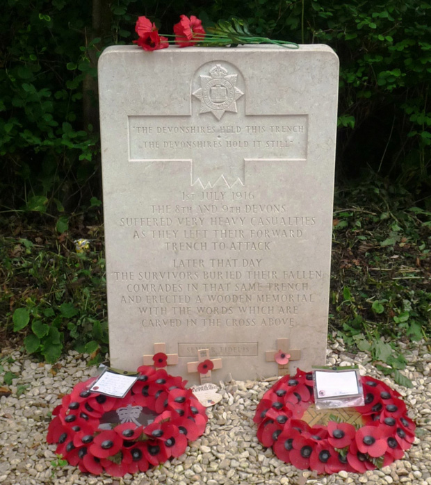 Stone marking Devonshire Trench: buried there are 163 men killed on 1 July 2016 during their attack on Mametz village