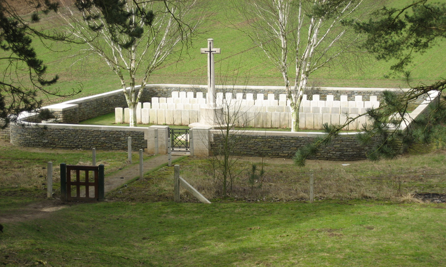 Railway Hollow Cemetery with the graves of 107 Commonwealth soldiers (44 of them unidentified) killed in the battle - and two French war graves