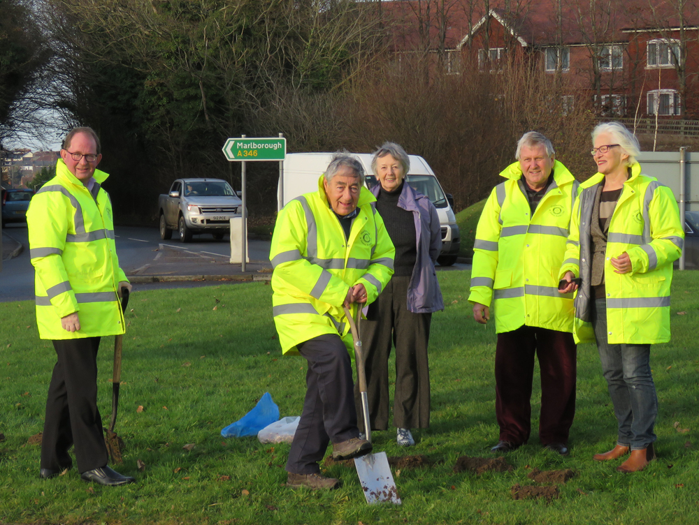 Rotarians planting crocuses - (l to r): Stewart Dailly, Gerry Hooper, Anne Crawley (Marlborough in Bloom), Rex Sandbach & Sally Wolfenden (President)