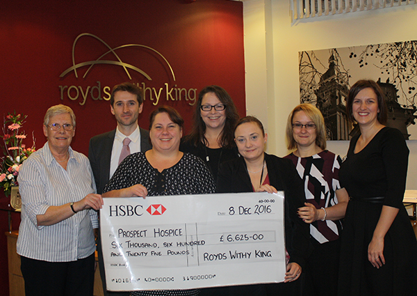 Barbara Price, Tom Britten, Julie Robertson, Trish Watkins, Lisa Delahunty and Vicky Reynolds of Royds Withy King with Mela Durston from Prospect Hospice