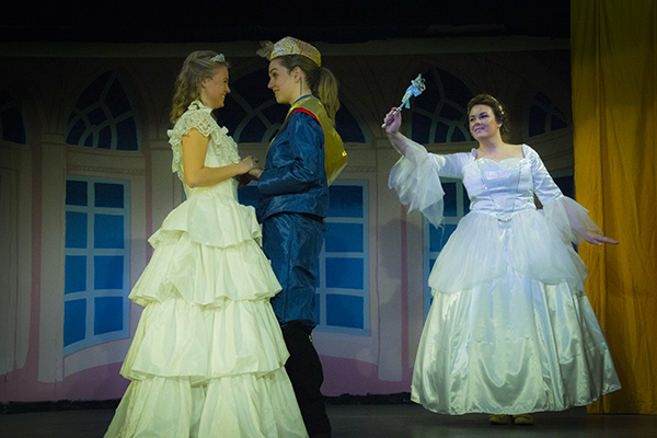 Anna Gent, Lucy Brown, Georgia Elson as Cinderella, Prince Charming and the Fairy Godmother