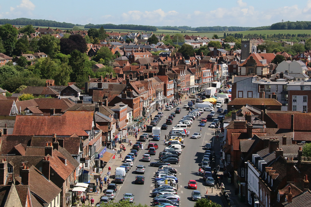 An aerial view of High St from St Peters Church