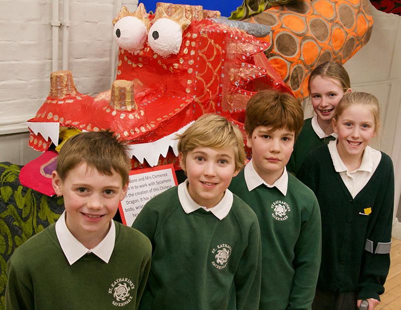 Milo Davison, Oskar Anstey, Shane Moore, Alice Ford and Niamh Hourd with the dragon
