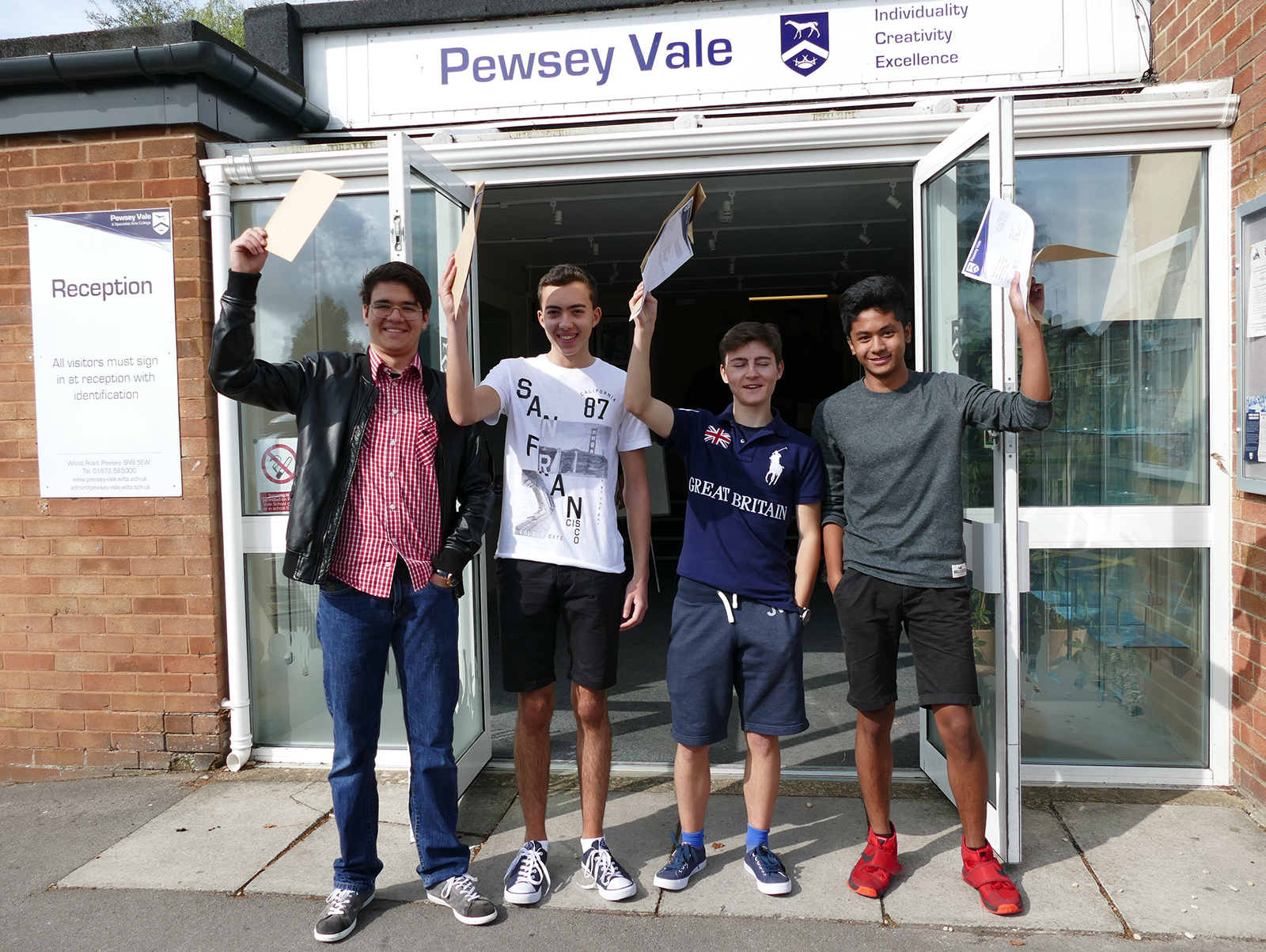 Pewsey Vale students Sherwin Panaligan, Toby Merrett, Max Richards and Vicktor Sergee celebrate their GCSE results