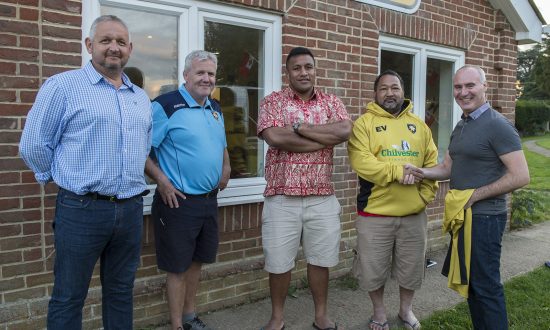 L-R: Clive Robins – Chair of the MRFC Mini Section, Gary Sharp – Chairman of MRFC, Mako Vunipola – nephew of MRFC’s new Director of Coaching, Elisi Vunipola – MRFC Director of Coaching, Andy Tottman – Director of Chilvester Financial, the new long term sponsor of MRFC’s coaches