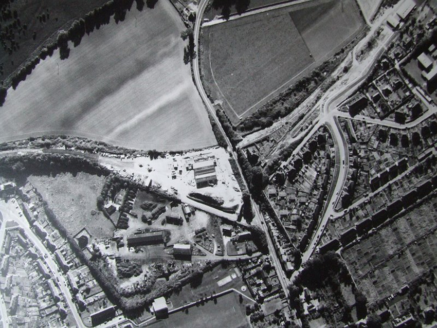 An aerial from the early 1970s shows the remains of the two stations either side of the Salisbury Road right on the edge of the town.  For reference the recreation ground is at the foot & centre of the photo and lower right are the allotments on Van Dieman's Land where Marlborough St Mary's School playing fields are now. (Photo courtesy Swindon's Other Railway - as above) 