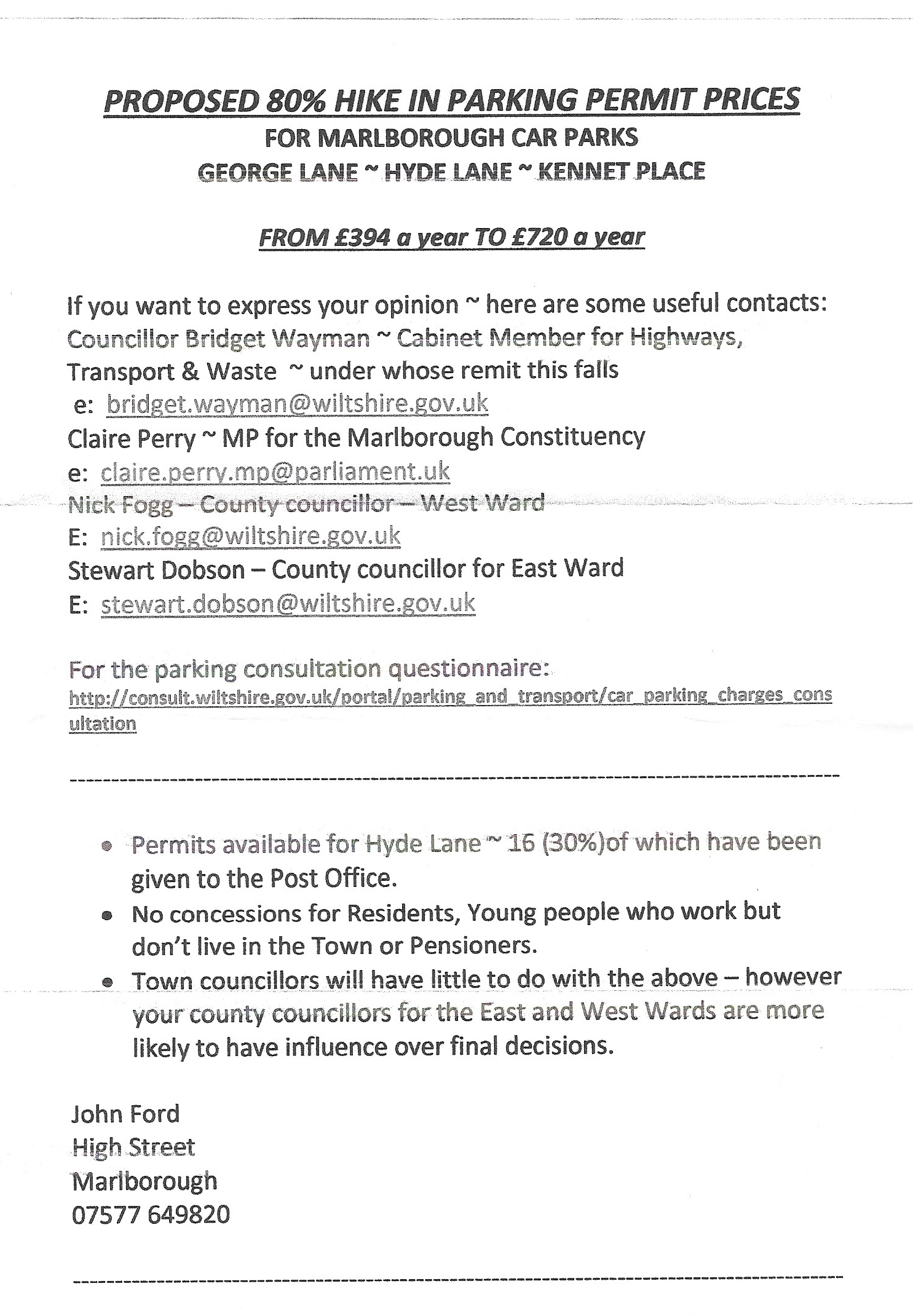John Ford's handout re. WCC's Parking Cost Consultation