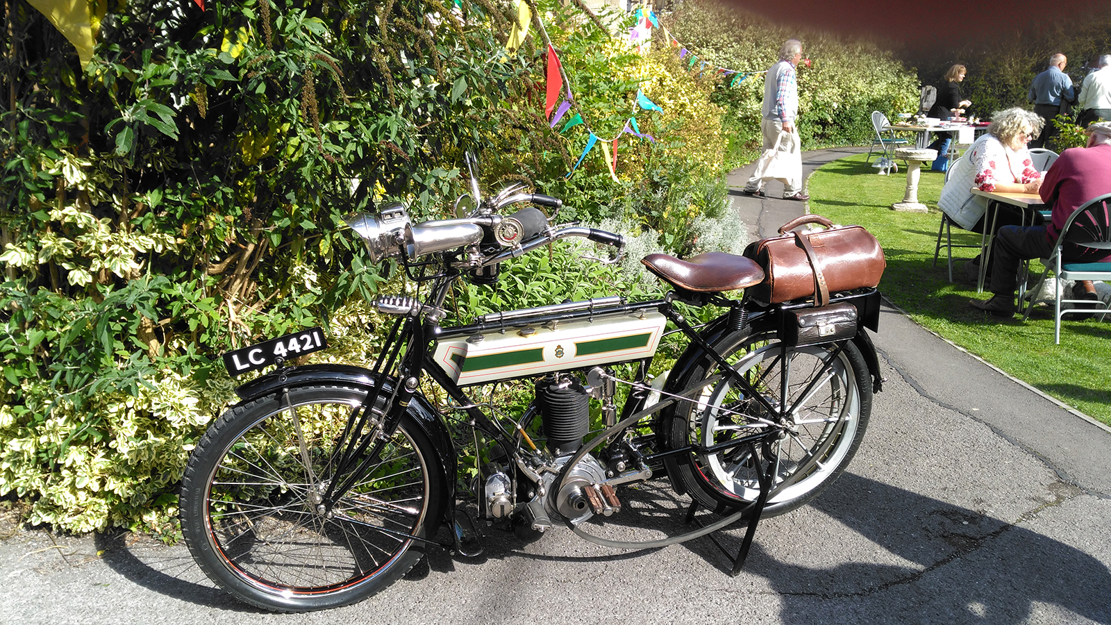 Beautiful vintage 1912 Triumph 'H' motorcycle on display at the Great Bedwyn Surgery Flu Jab Fete