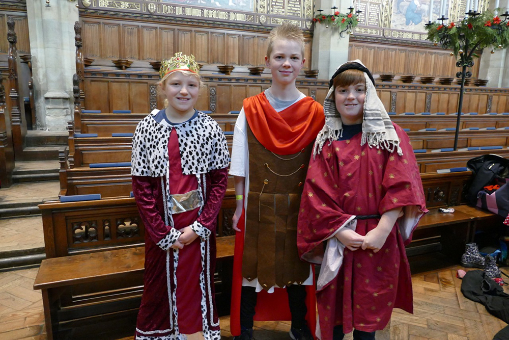 Year 6 pupils dressed as king Roman soldier and shepherd