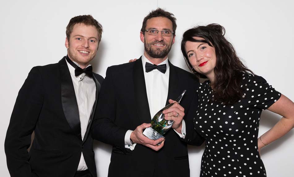 Sam Ponsford (Centre) received the South West Tourism Excellence Silver Award for International Visitor Experience with School of English & Culture team members Tom Burgess & Grace Swordy