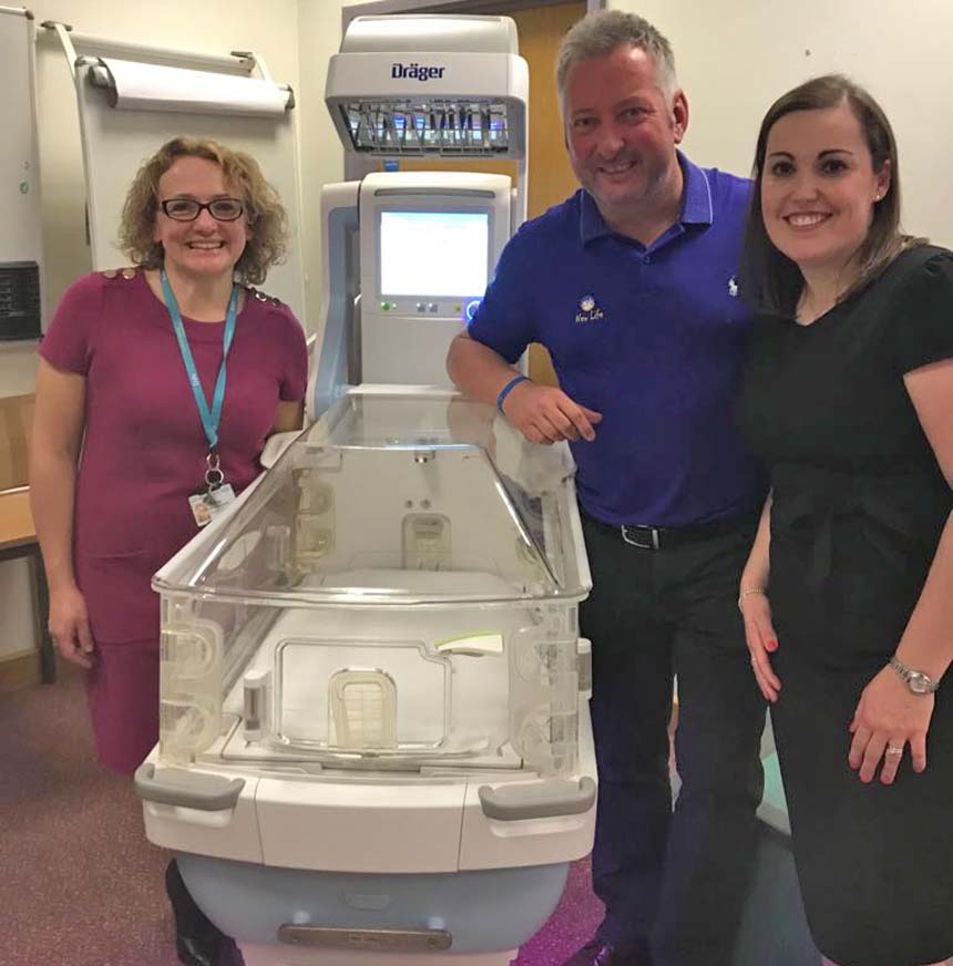 L to r with one of the new incubators - Dr Sarah Bates, Trevor Goodall from New Life & Catherine Newman