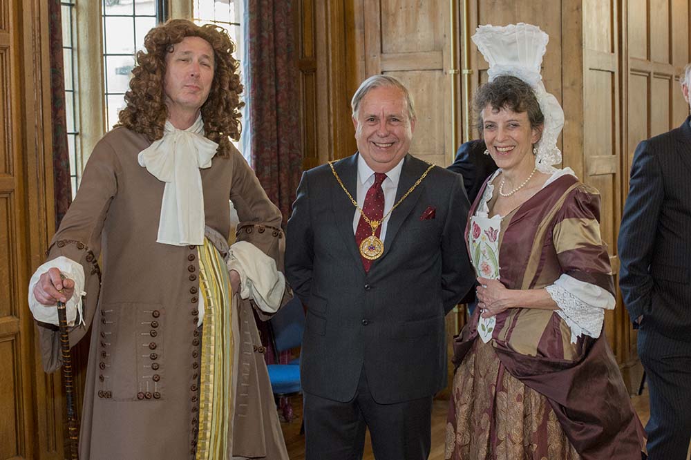Mayor Mervyn Hall flanked by the 'residents' of The Merchant's House, Mr and Mrs Thomas Bayly