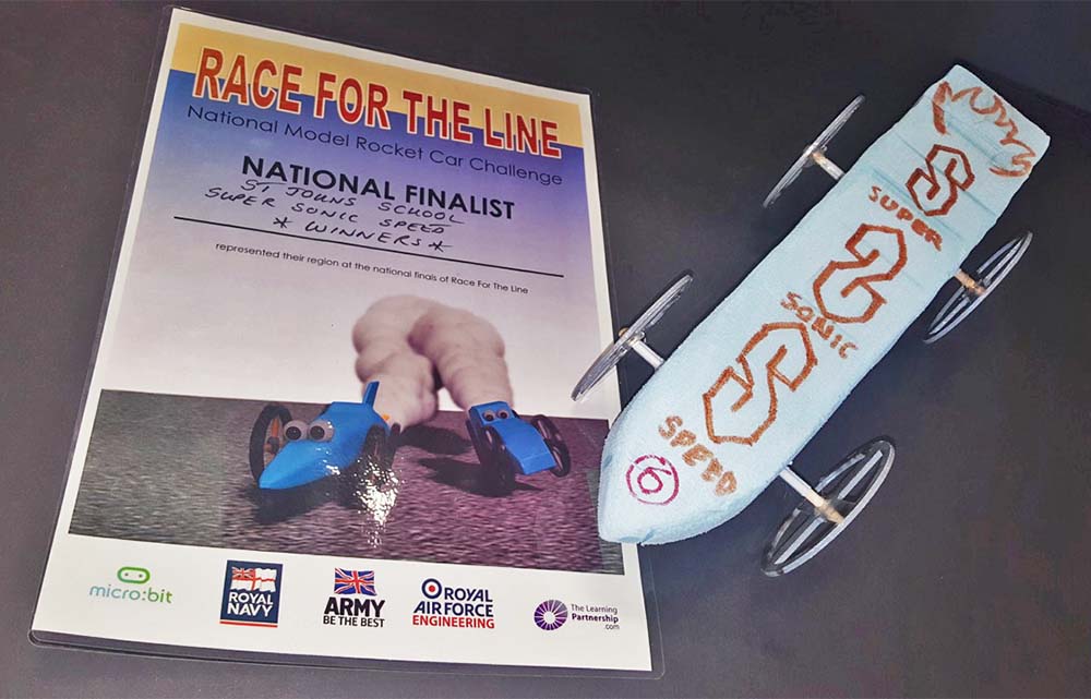 Winning rocket car from the St John's Super Sonic team with winner's certificate