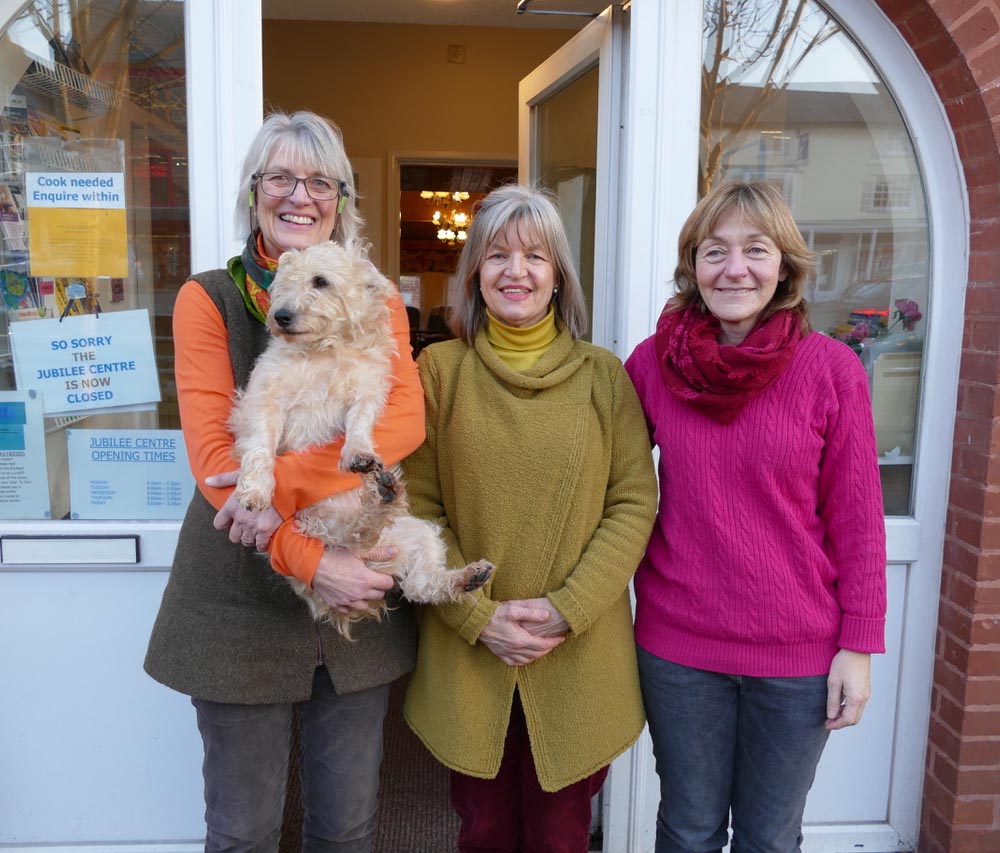 L to r: Carole Walker (with Sharka the dog), Irene Pielke (assistant manager), Anne Hancock outside the Jubilee Centre