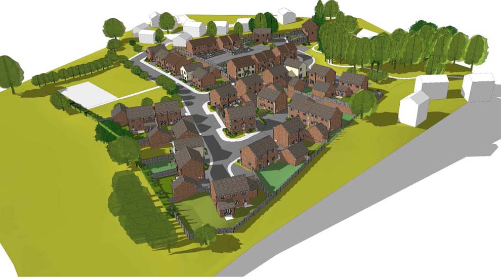 GreenSquare Homes: artist's impression - bird's-eye view looking south-east (The white houses are existing homes)