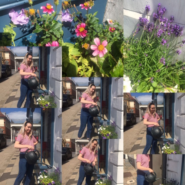 The winning photo showing Lizzie Hunter watering the planters