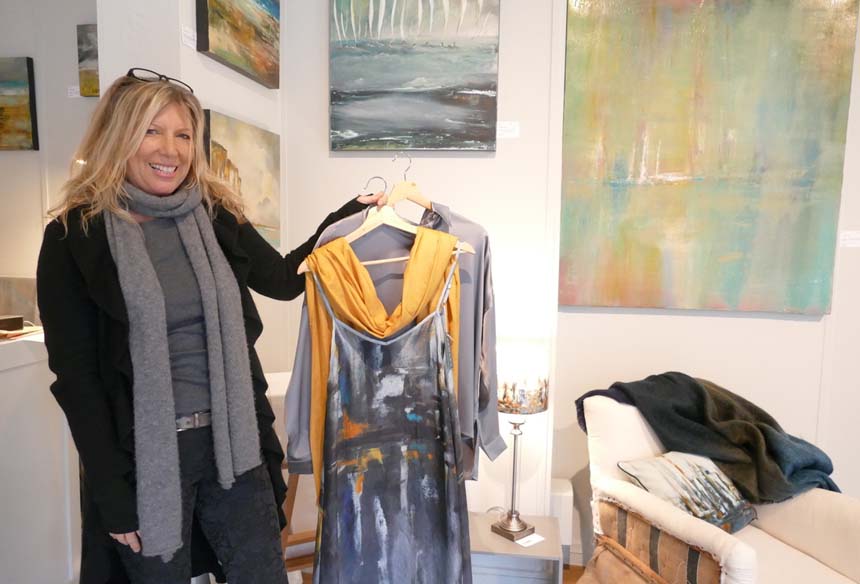 Liz Harwood displaying her silk layering clothes
