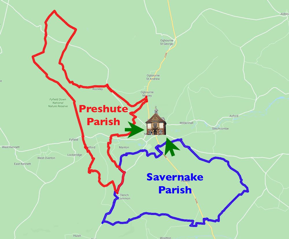 Parishes of Preshute and Savernake surrounding Marlborough  -  Pic Googlemap
