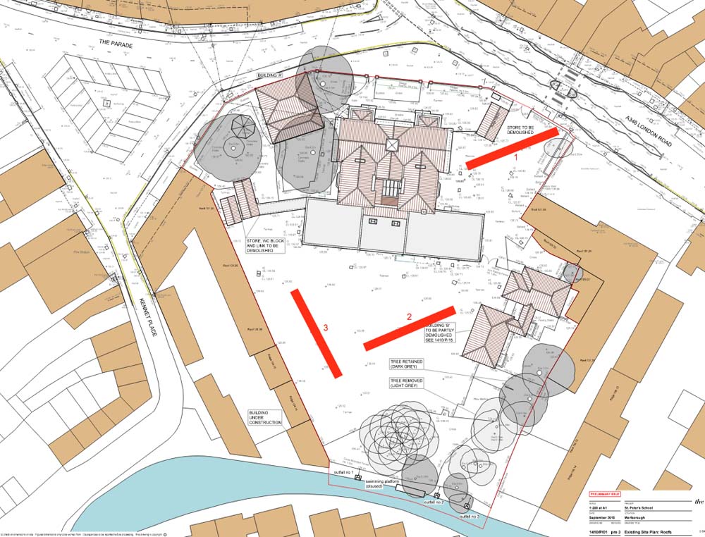 St Peter's School: plan shows positions of the archaeologists' trenches (in red)