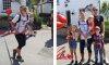 Jo crossing the line in Manton, and winding down afterwards with husband Ryan and children Indiana, Arlo and Bodhi