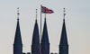 The Union Flag flying on the top of St Peters, Marlborough earlier today (Easter Sunday, 04 April 2021)