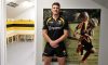Marlborough Skipper Ben Fulton (wearing 1st XV kit) stood next to a photo of his daughter who is in the mixed age girls team