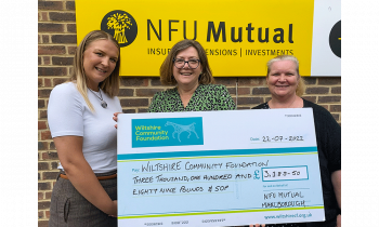 Jemma Clarke (NFU Mutual Staff) - L, Sam Edwards (NFU Mutual Staff) - R, hand over the cheque to Fiona Oliver (Joint CE of Wiltshire Community Foundation)