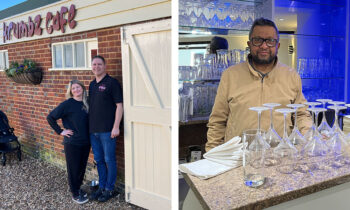 Roy and Sylvia outside the reopened Krumbs and Din Mohammed behind the bar at the Zaika Inn
