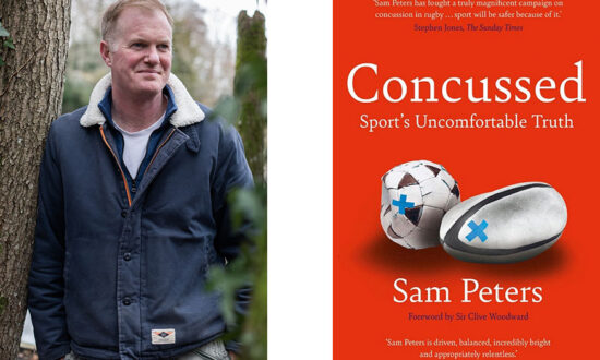 Sam Peters and the cover of his award-winning book - 'Concussed: Sport's Uncomfortable Truth'